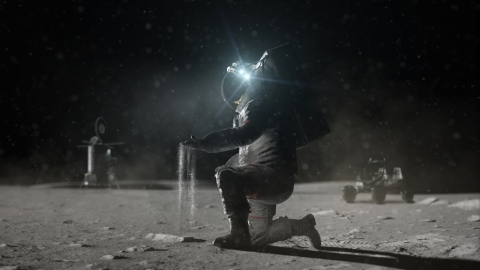 An artist rendering of an astronaut working on the lunar surface during a future Artemis mission. 