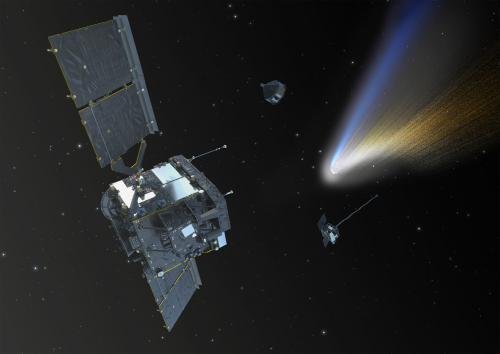 Comet Interceptor moederschip en de twee dochters onderweg naar hun doel